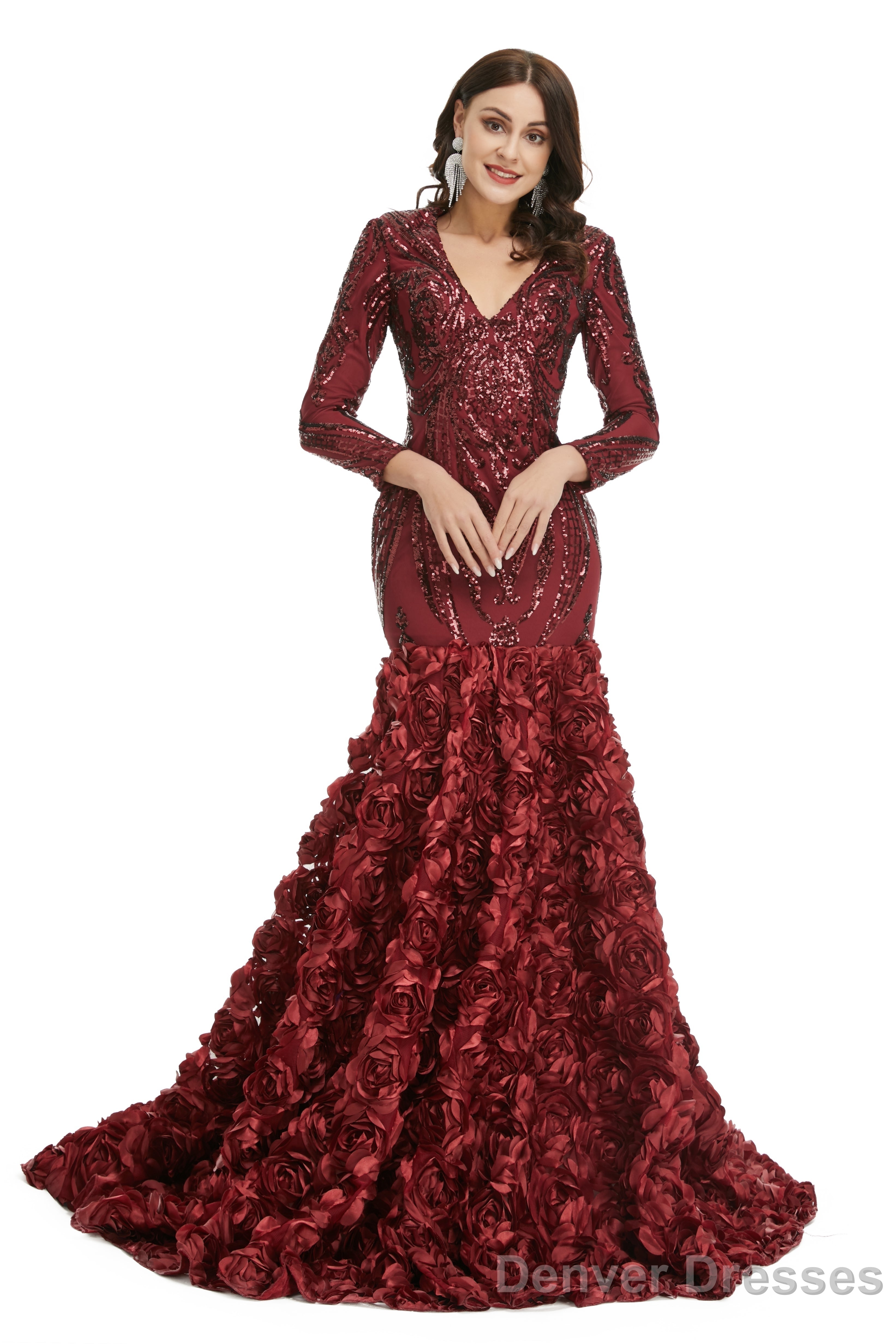 Prom Dress, Long V Neck Prom Gowns Full Sleeve Formal Dresses, Floor Length Dress