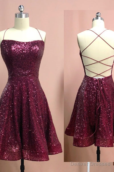 Burgundy Spaghetti Straps Sleeveless A Line Sequins Homecoming Dresses Main image