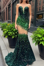 V-Neck Sequins Prom Dress Mermaid Sleeveless Crystal.