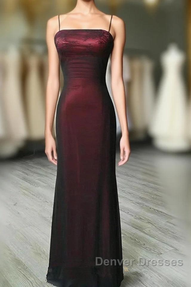 Black and Red Square Neckline Party Dress, Black and Red Long Evening Dress Main image