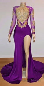 Unique Prom Dress, Long Sleeve High Neck Beaded Split Prom Dress