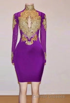 Unique Prom Dress, Long Sleeve High Neck Beaded Split Prom Dress