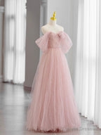 Pink Tulle Long Prom Dress, Beautiful A-Line Off Shoulder Evening Dress