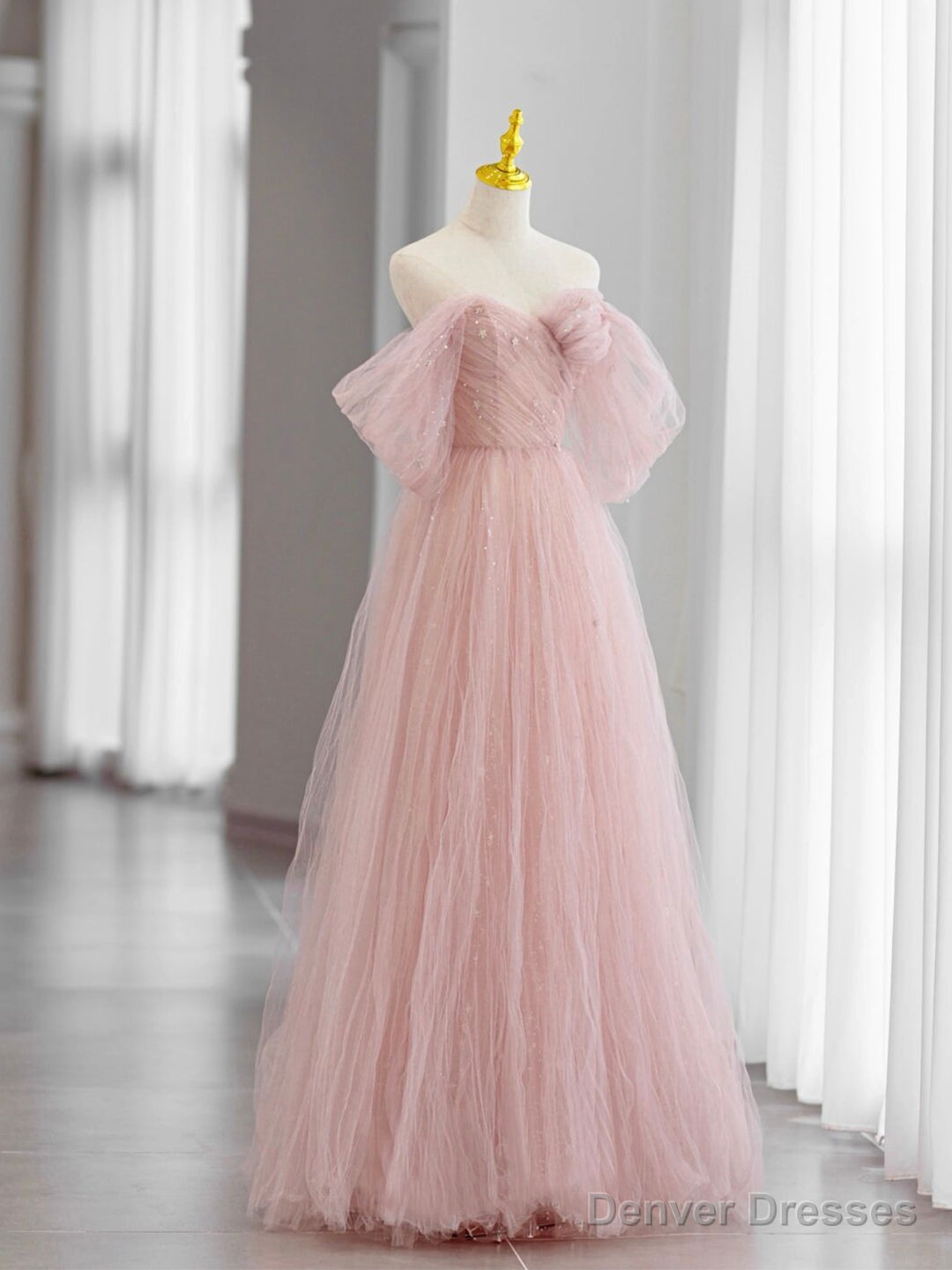 Pink Tulle Long Prom Dress, Beautiful A-Line Off Shoulder Evening Dress
