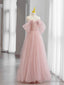 Pink Tulle Long Prom Dress, Beautiful A-Line Off Shoulder Evening Dress