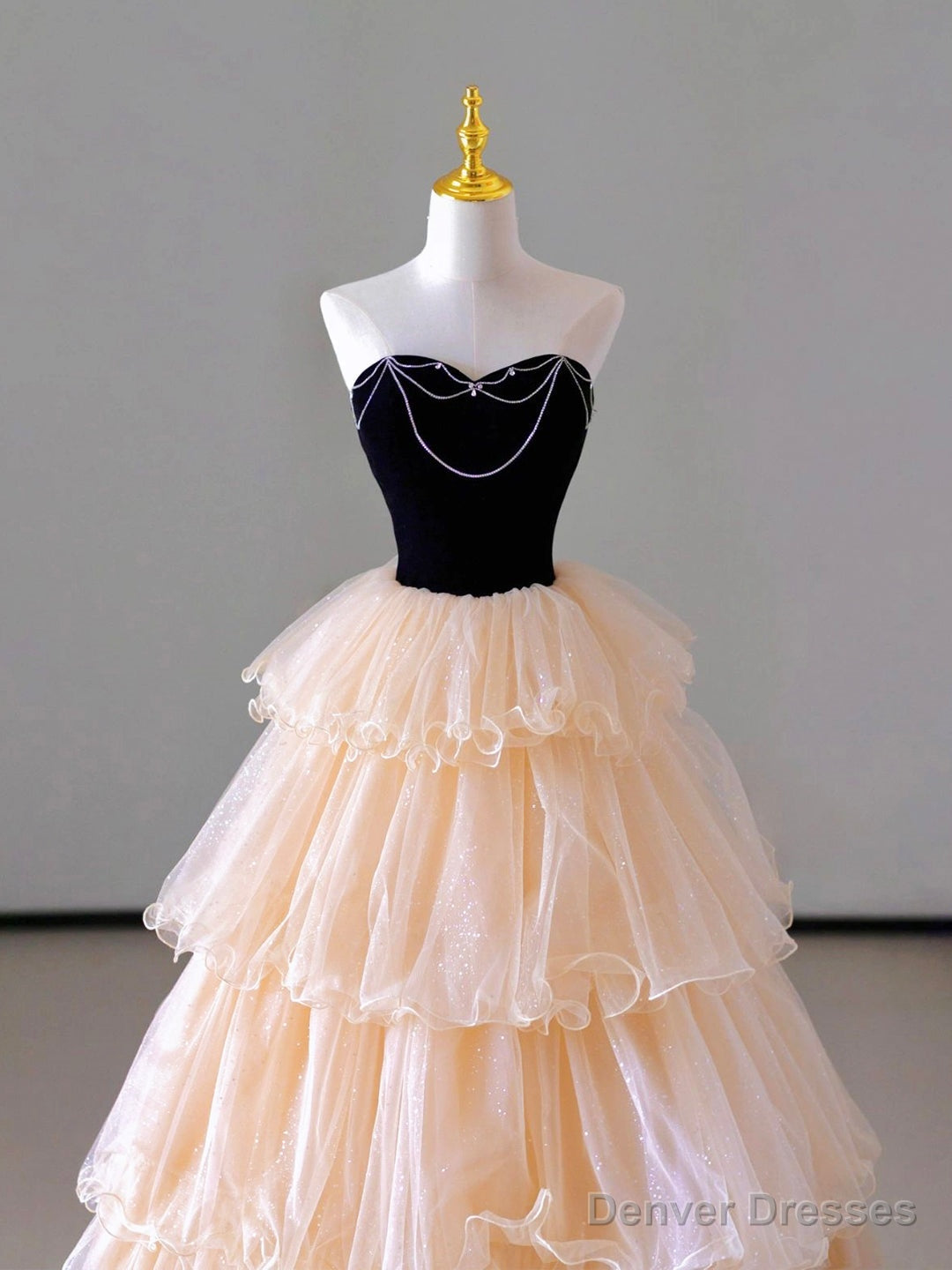 Champagne Strapless Tulle Long Prom Dress, Beautiful Formal Evening Dress