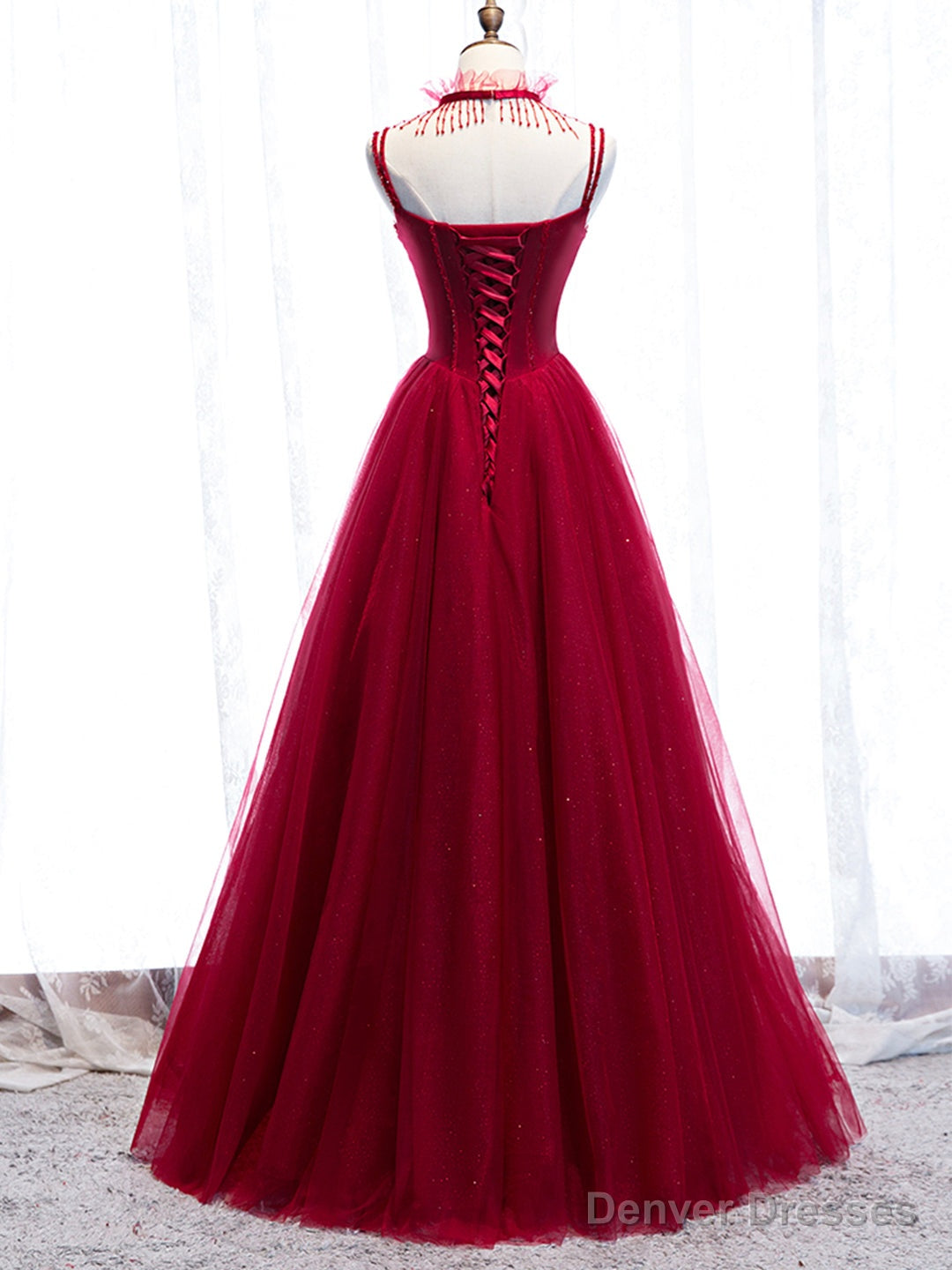 Red Spaghetti Strap Tulle Party Dress, Red Floor Length Prom Dress