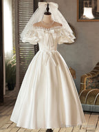 White Satin Lace Short Prom Dress, White Evening Dress, Wedding Dress
