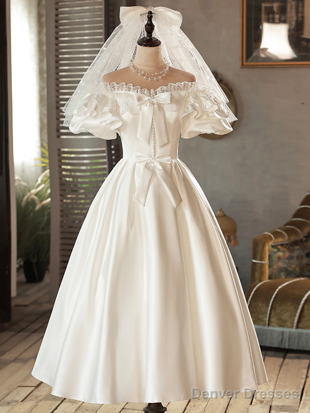 White Satin Lace Short Prom Dress, White Evening Dress, Wedding Dress
