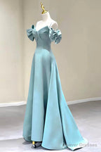 Blue Satin Long A-Line Prom Dress, Off the Shoulder Evening Dress