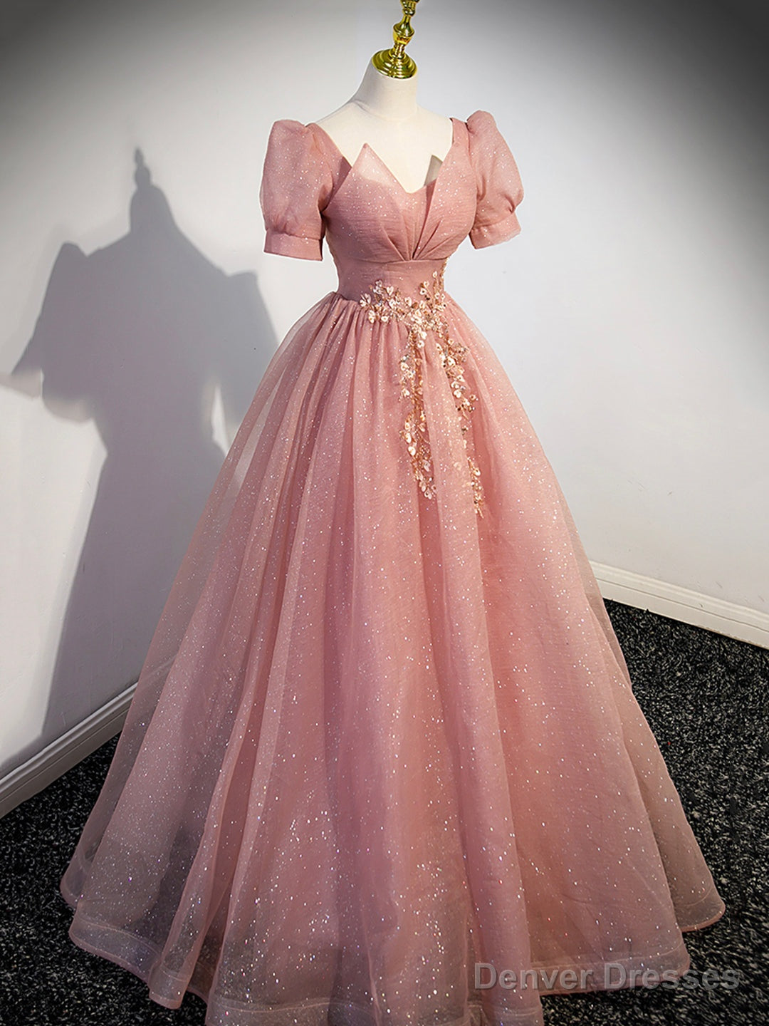 Pink Tulle Floor Length Prom Dress with Short Sleeve, Beautiful A-Line Evening Dress Secondary image