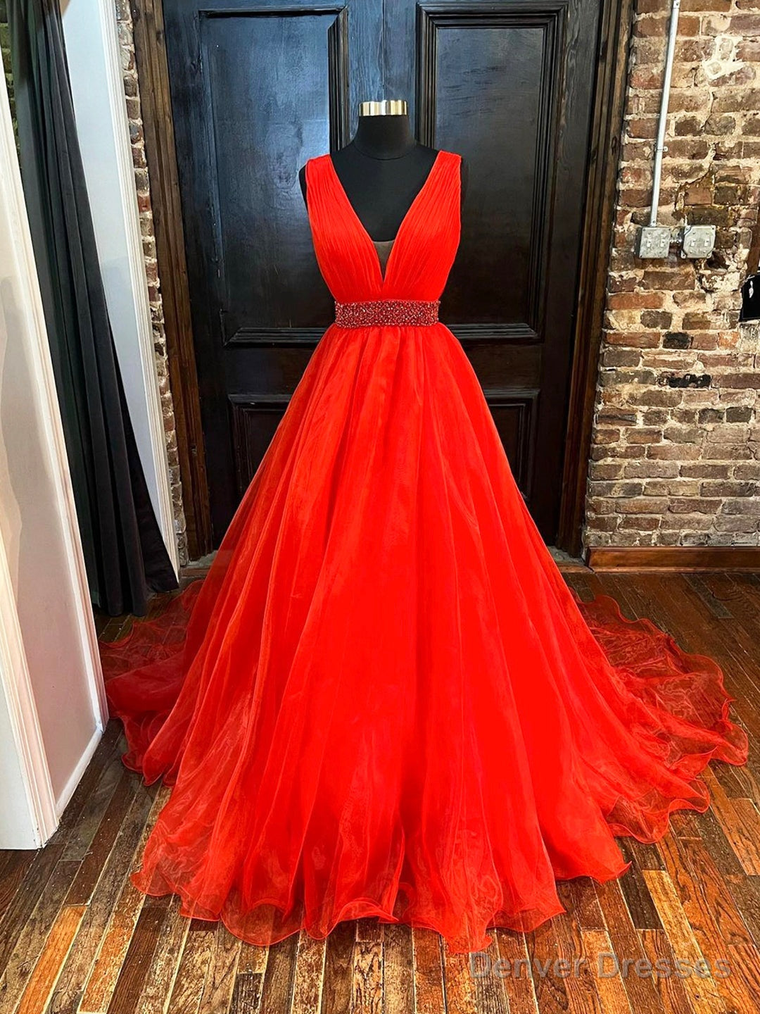 Red V-Neck Tulle Long Prom Dress, Red A-Line Evening Dress with Beaded Main image