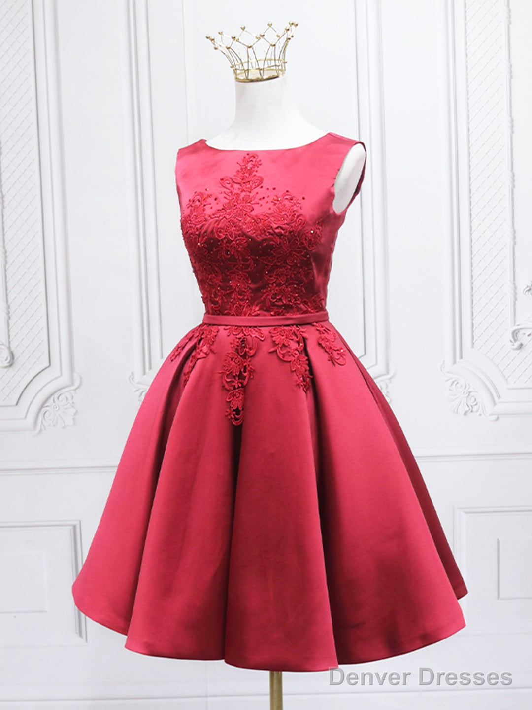 Burgundy Satin Lace Short Prom Dress, A-Line Homecoming Dress Main image