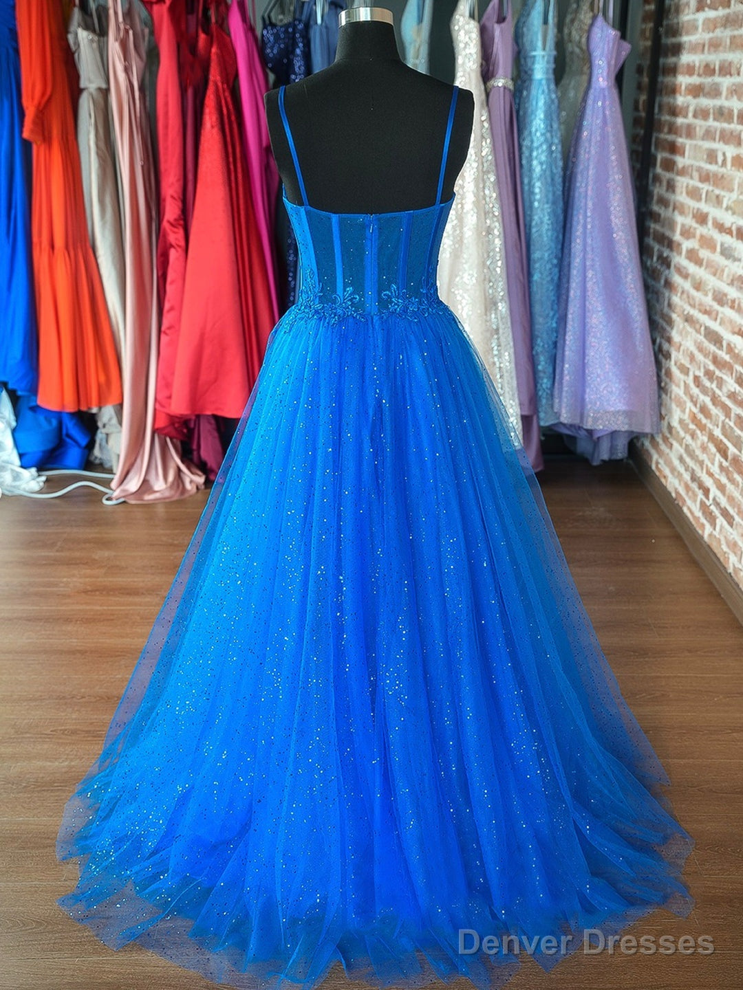 Blue Spaghetti Strap Tulle Formal Dress, Blue Evening Dress with Lace Secondary image