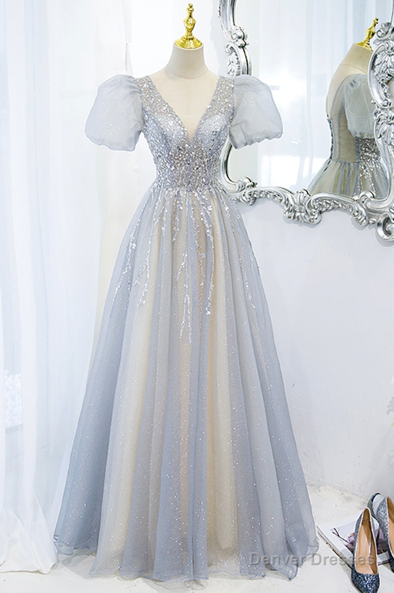 Gray Tulle Beading Long Prom Dresses, A-Line Short Sleeve Formal Evening Dresses Main image