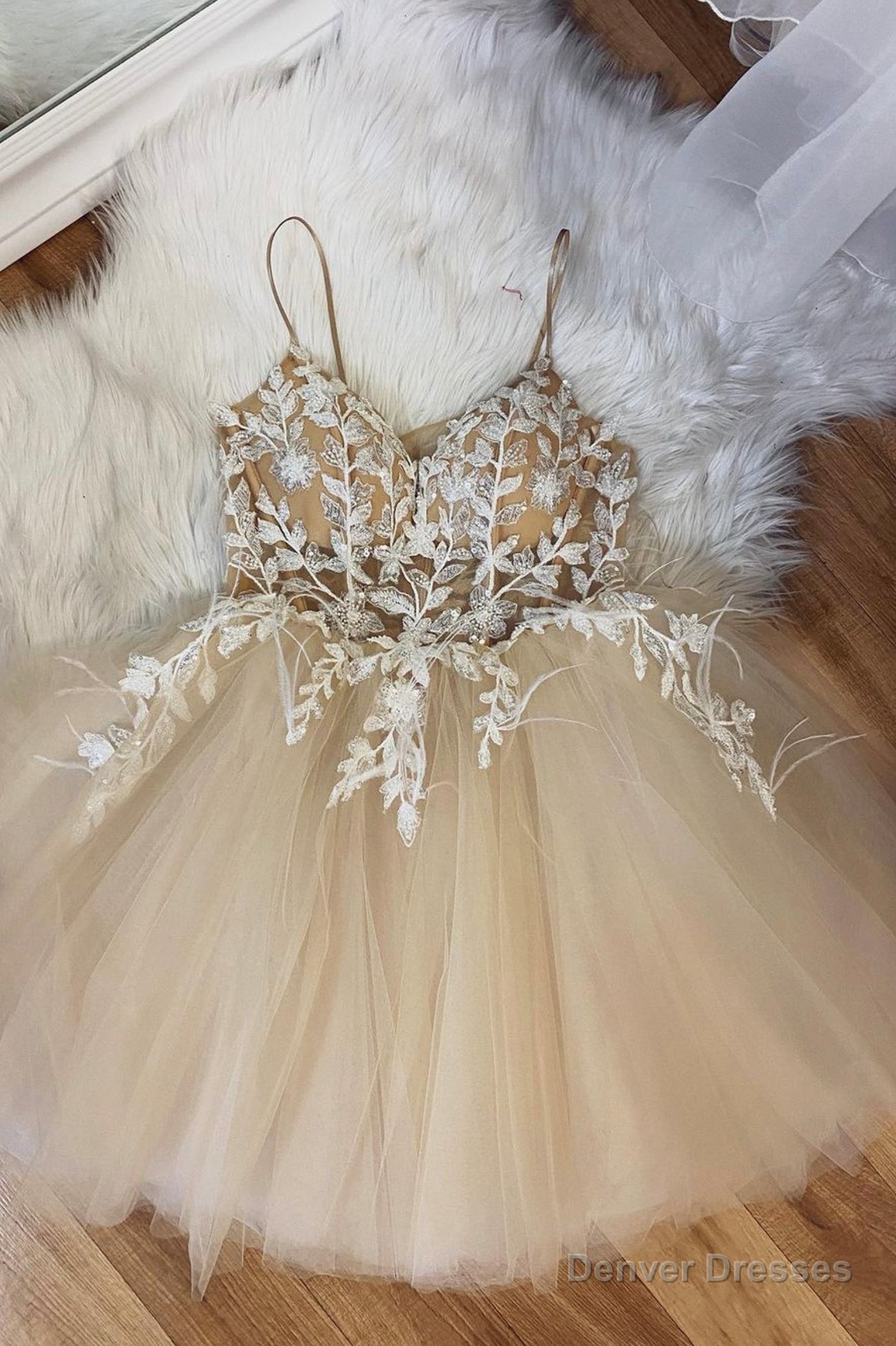 Champagne Spaghetti Lace Short Prom Dresses, A-Line Party Dresses Main image