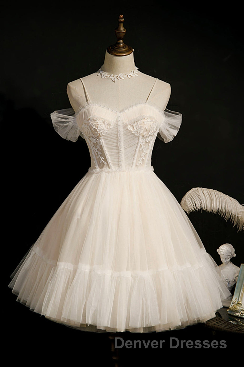 Cute Spaghetti Strap Lace Short Party Dress, A-Line Evening Dress