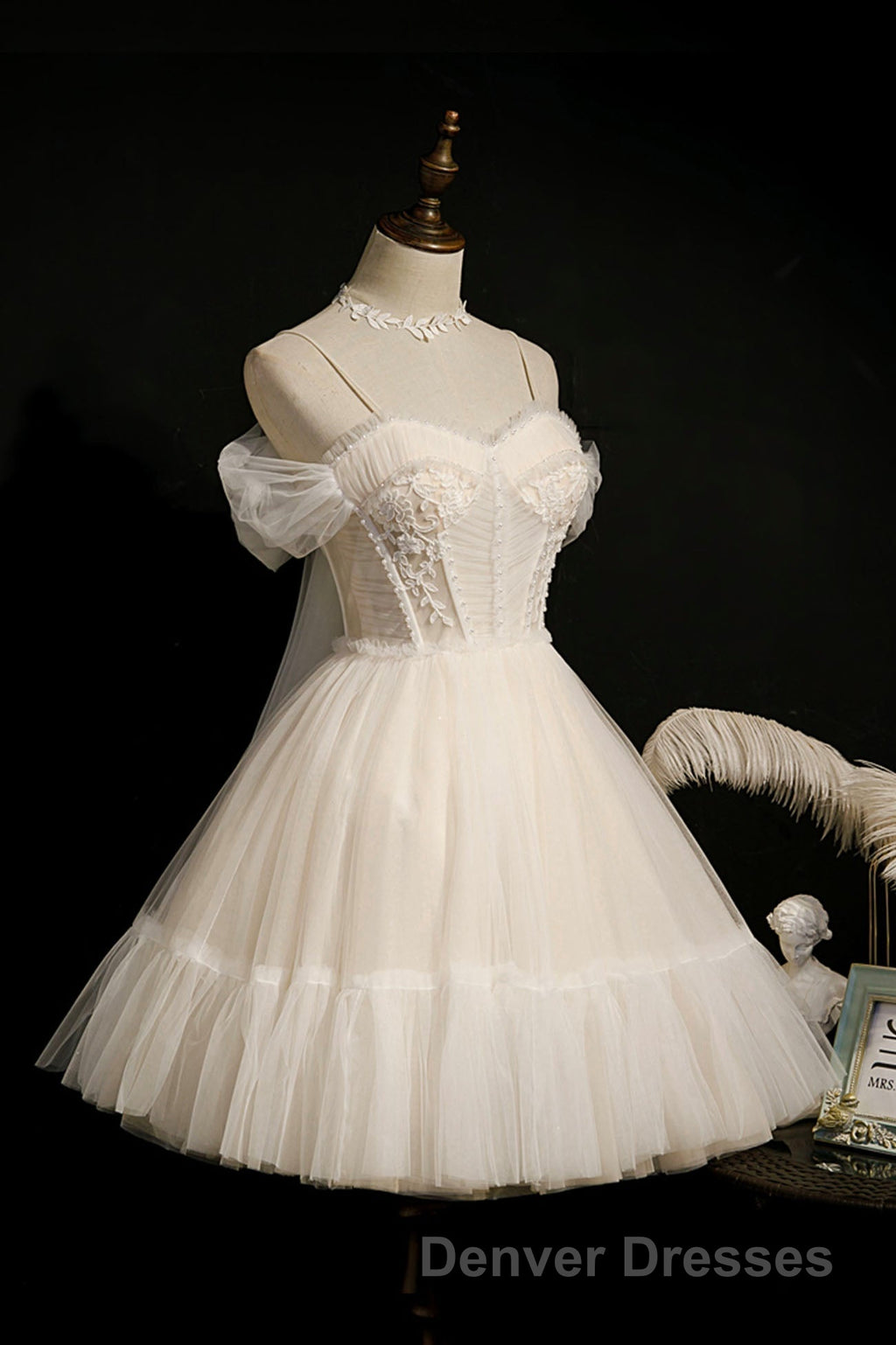 Cute Spaghetti Strap Lace Short Party Dress, A-Line Evening Dress