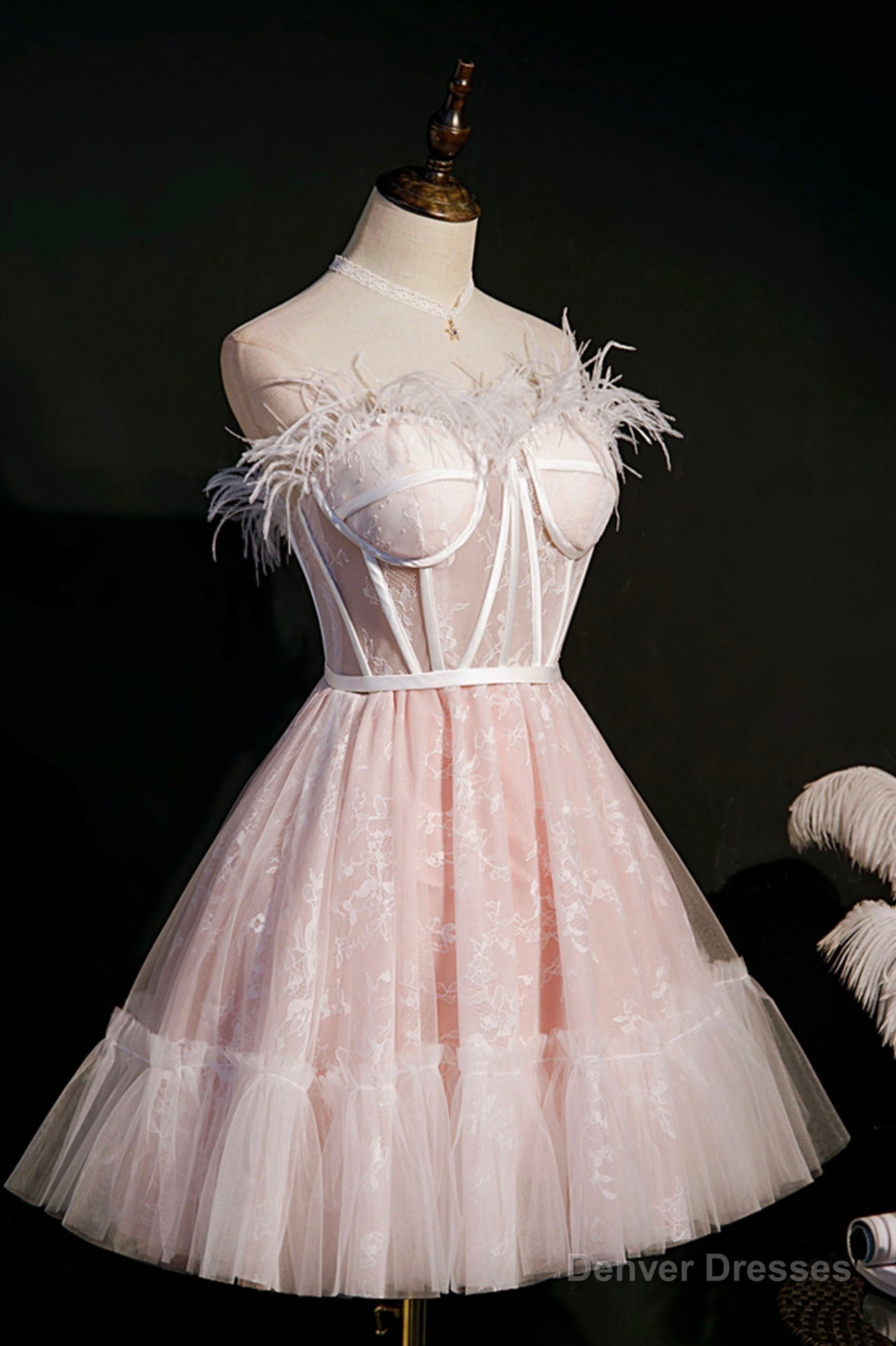 Pink Strapless Lace Short Prom Dress, A-Line Party Dress with Feather Secondary image