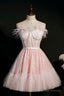 Pink Strapless Lace Short Prom Dress, A-Line Party Dress with Feather