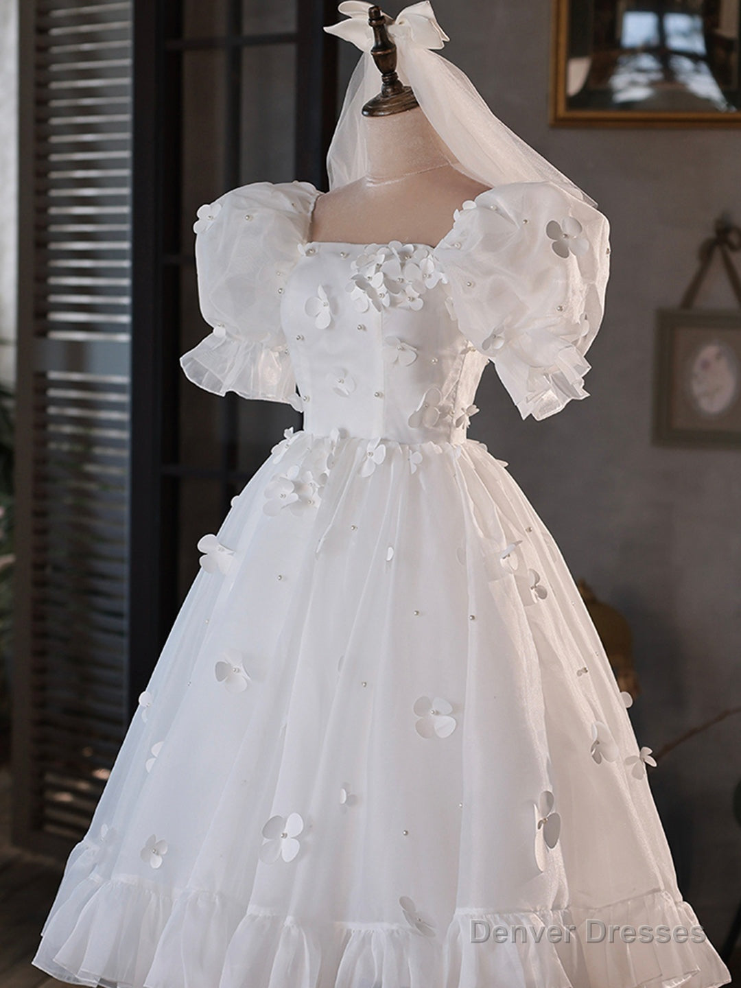 White Tulle Short A-Line Prom Dress, Cute Puff Sleeve Party Dress Secondary image