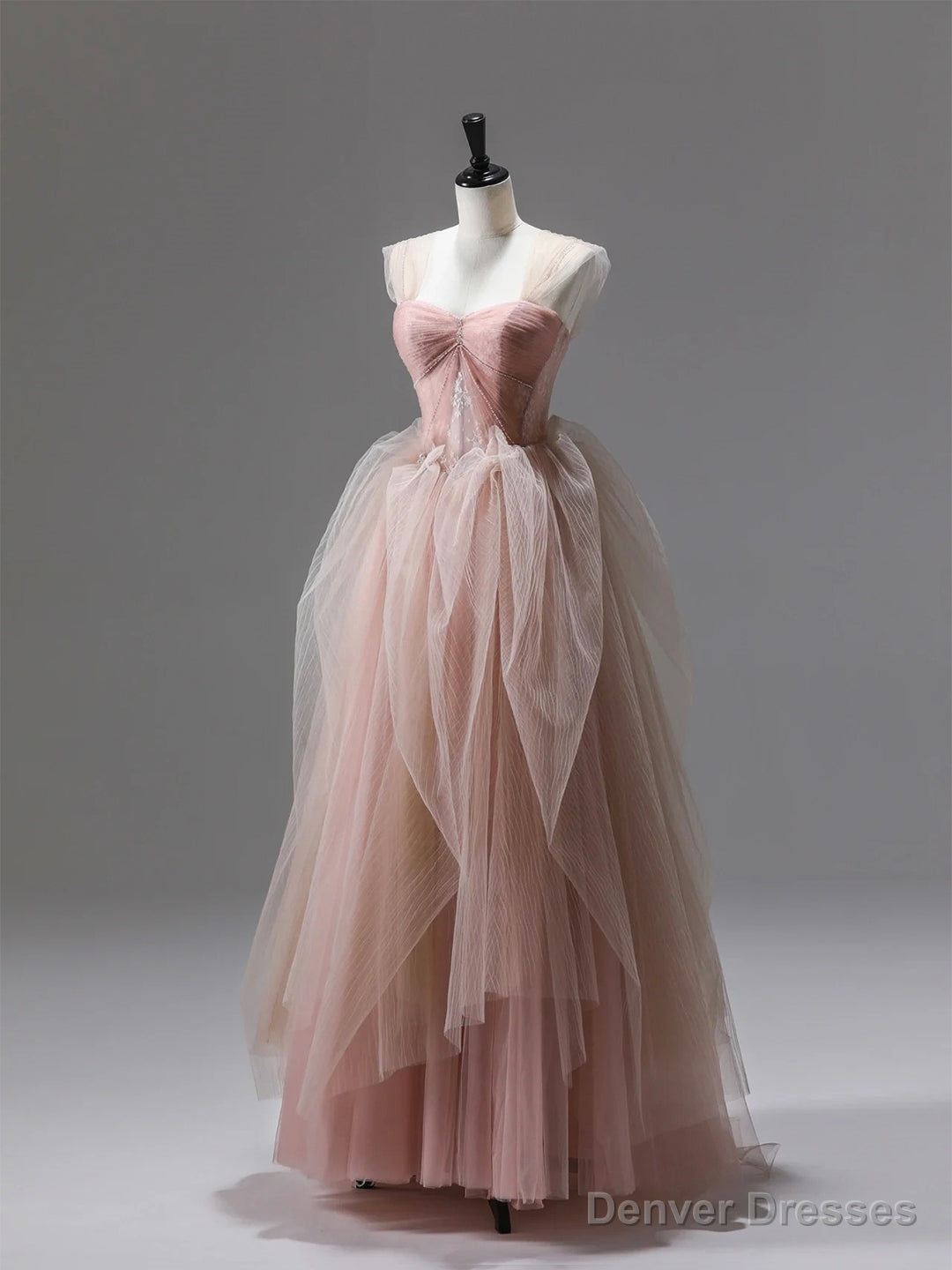 Pink Tulle Lace Long Prom Dress, Beautiful A-Line Evening Party Dress Main image