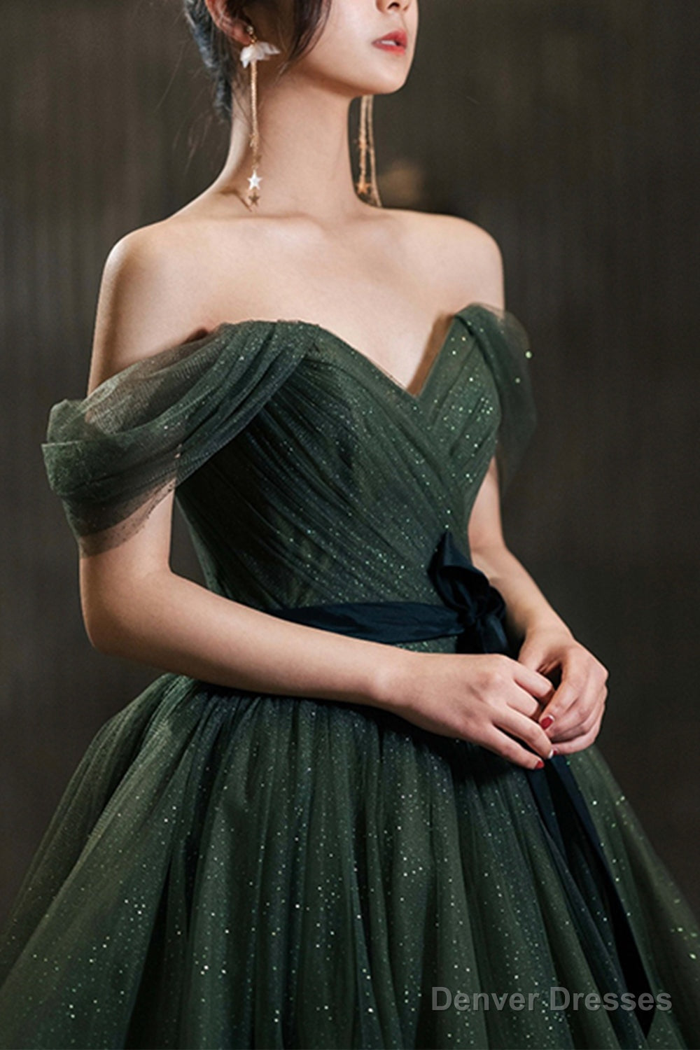 Beautiful Green Tulle Long Prom Dress, A-Line Off the Shoulder Graduation Dress