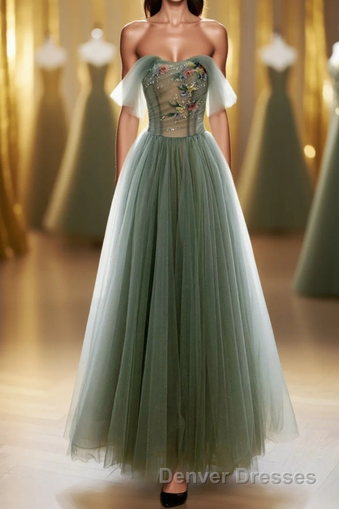 A-Line Green Tulle Long Prom Dress, Off the Shoulder Evening Party Dress Main image