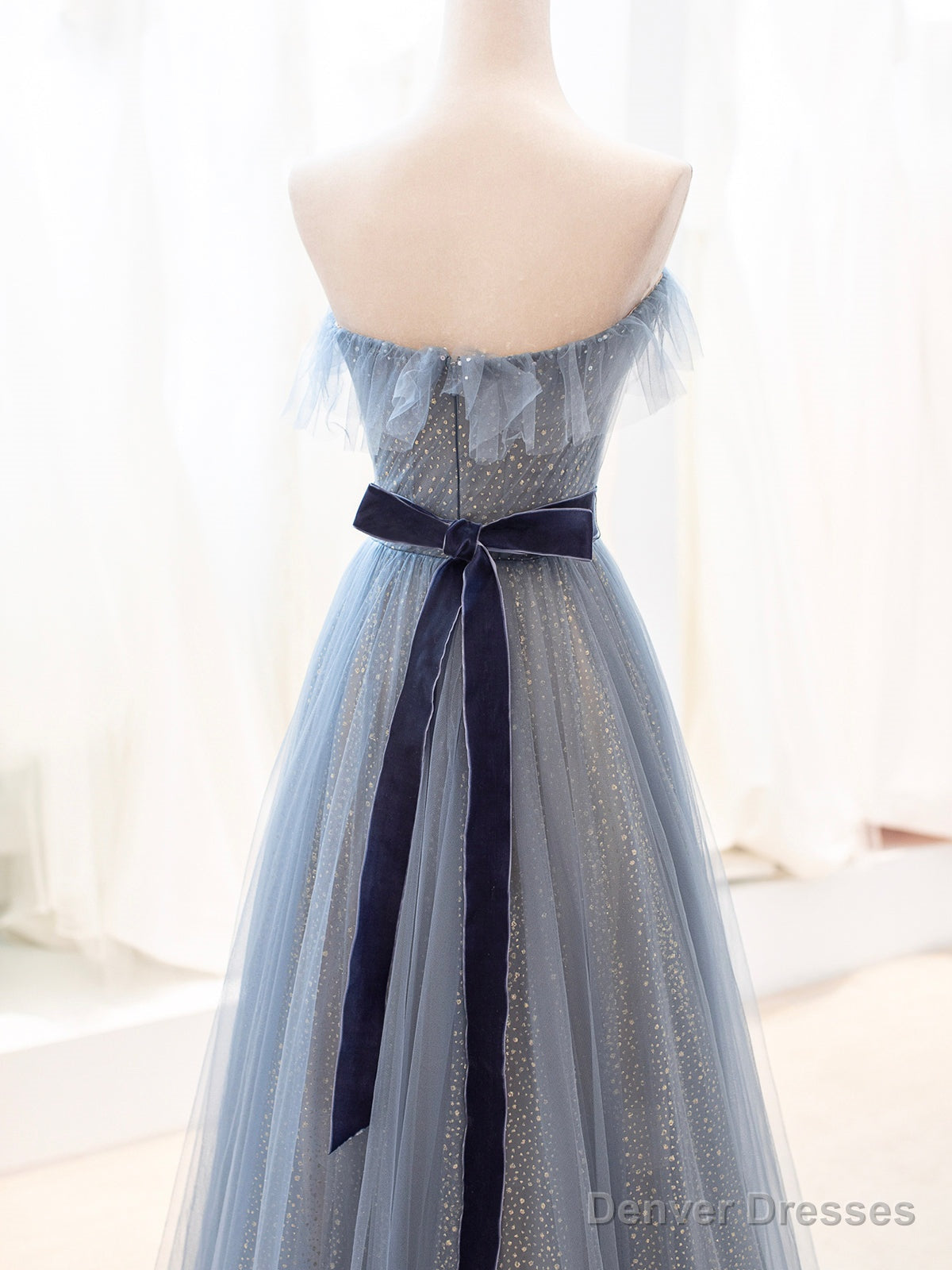 Blue Tulle Long Prom Dress, A-Line Strapless Evening Party Dress Secondary image