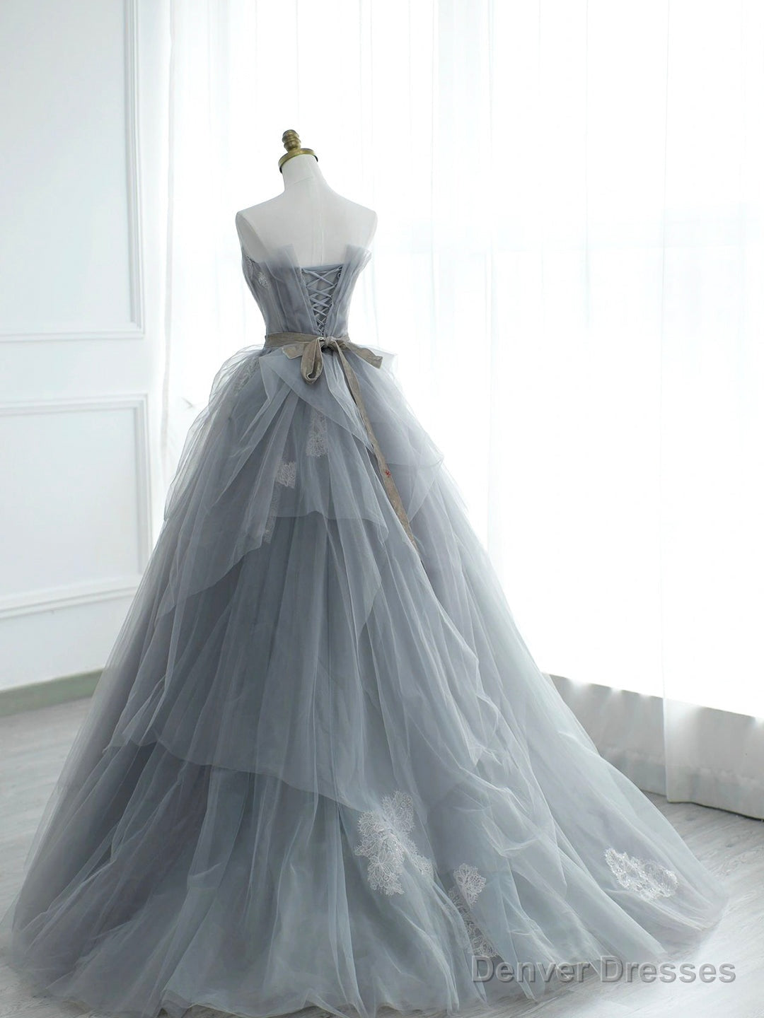 Gray Strapless Tulle Lace Long Prom Dress, A-Line Evening Party Dress Main image