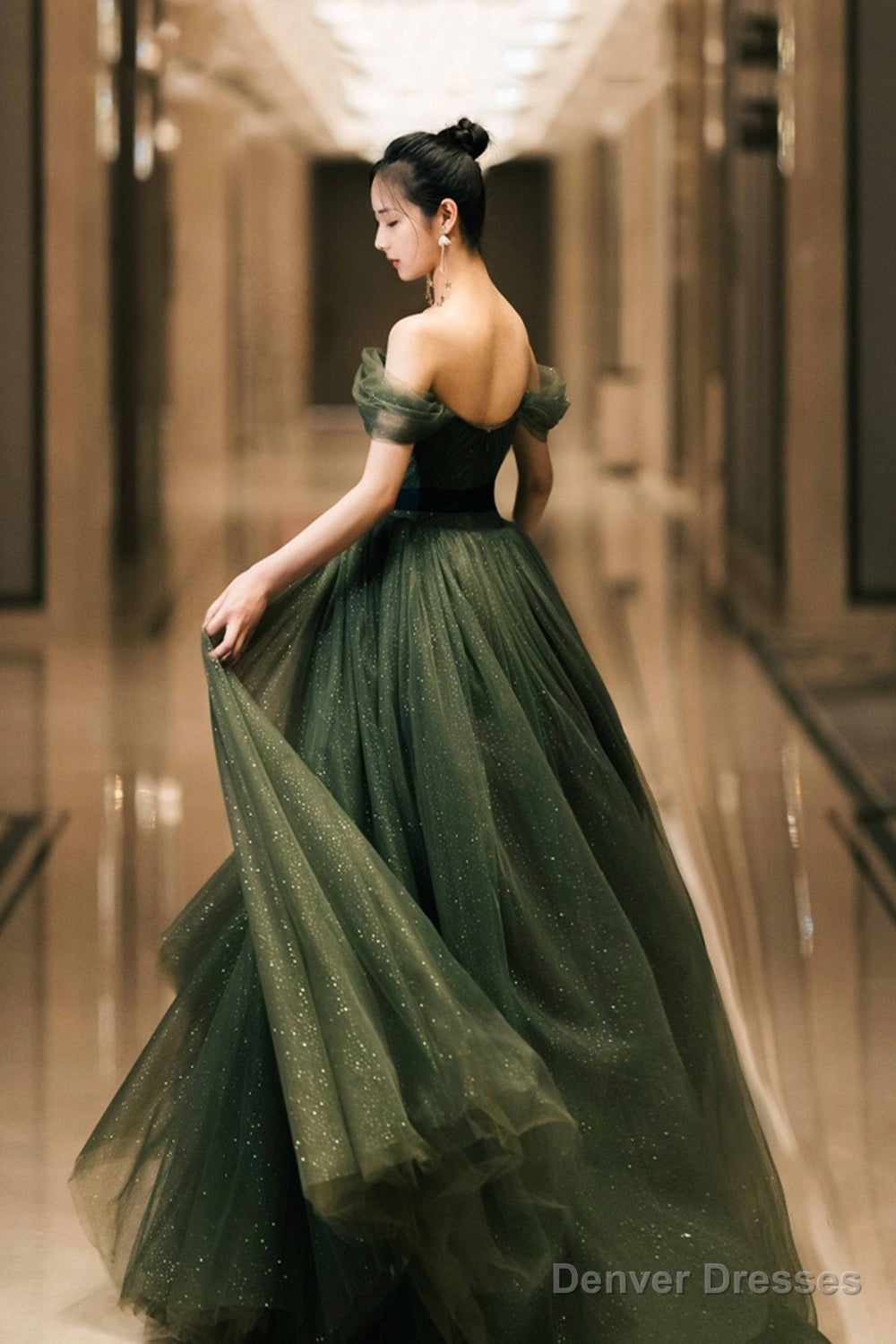Beautiful Green Tulle Long Prom Dress, A-Line Off the Shoulder Graduation Dress Secondary image