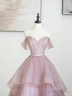 Pink Tulle Sequins Long Prom Dress, Off Shoulder Evening Dress
