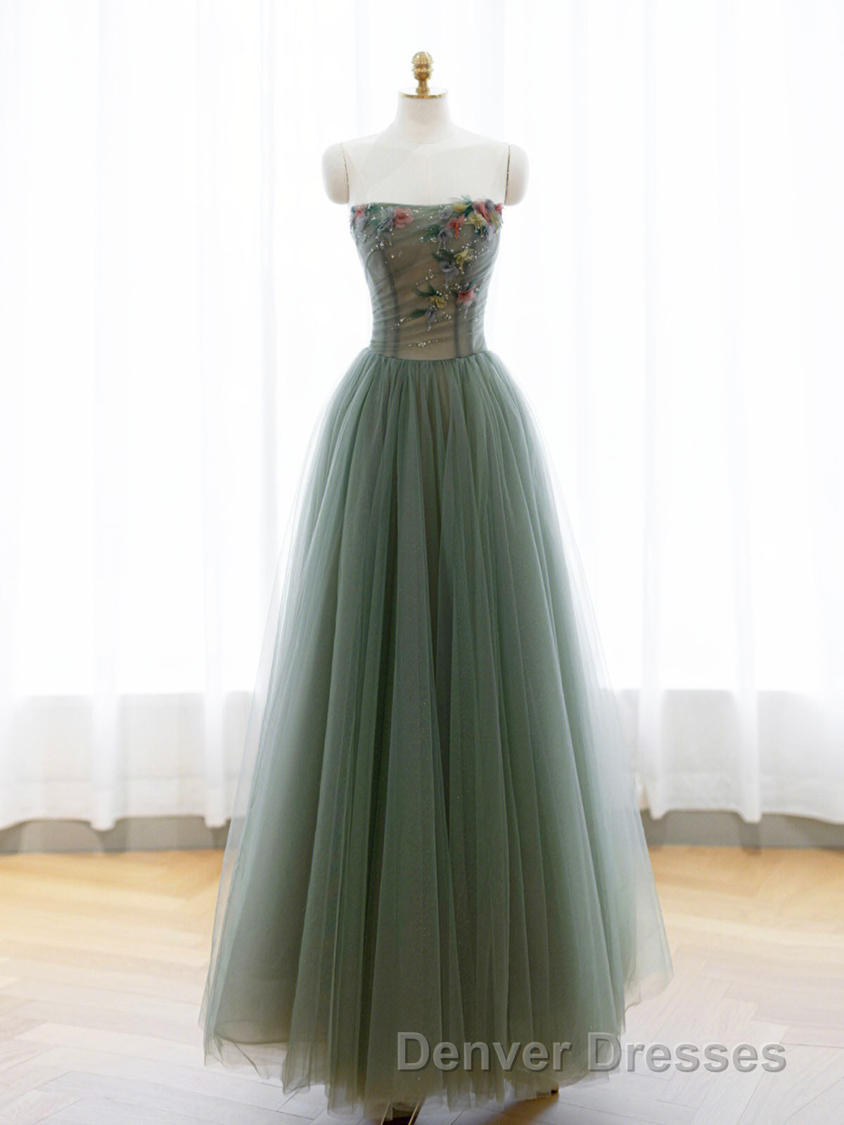 A-Line Green Tulle Long Prom Dress, Off the Shoulder Evening Party Dress