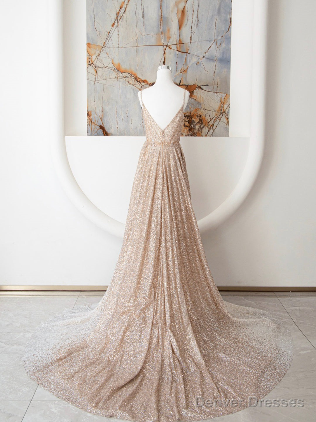Champagne Spaghetti Strap Sequins Long Prom Dress, Shiny V-Neck Evening Dress Secondary image