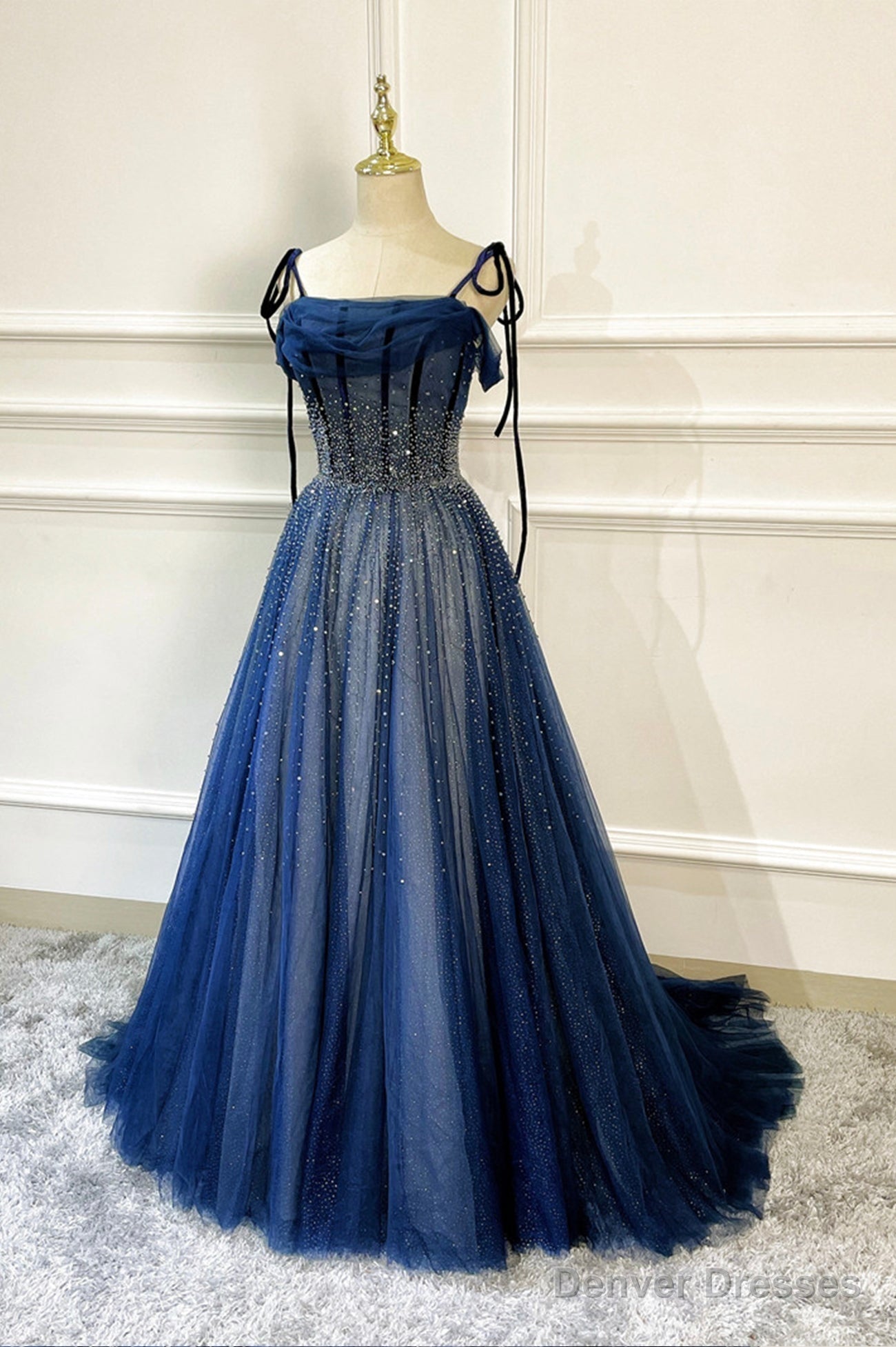 Blue Long Tulle Beaded Prom Dress, Blue Evening Party Dress Secondary image