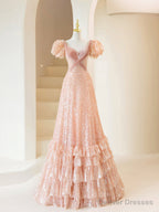 Pink Sequins Long Prom Dress, Lovely A-Line Short Sleeve Evening Party Dress