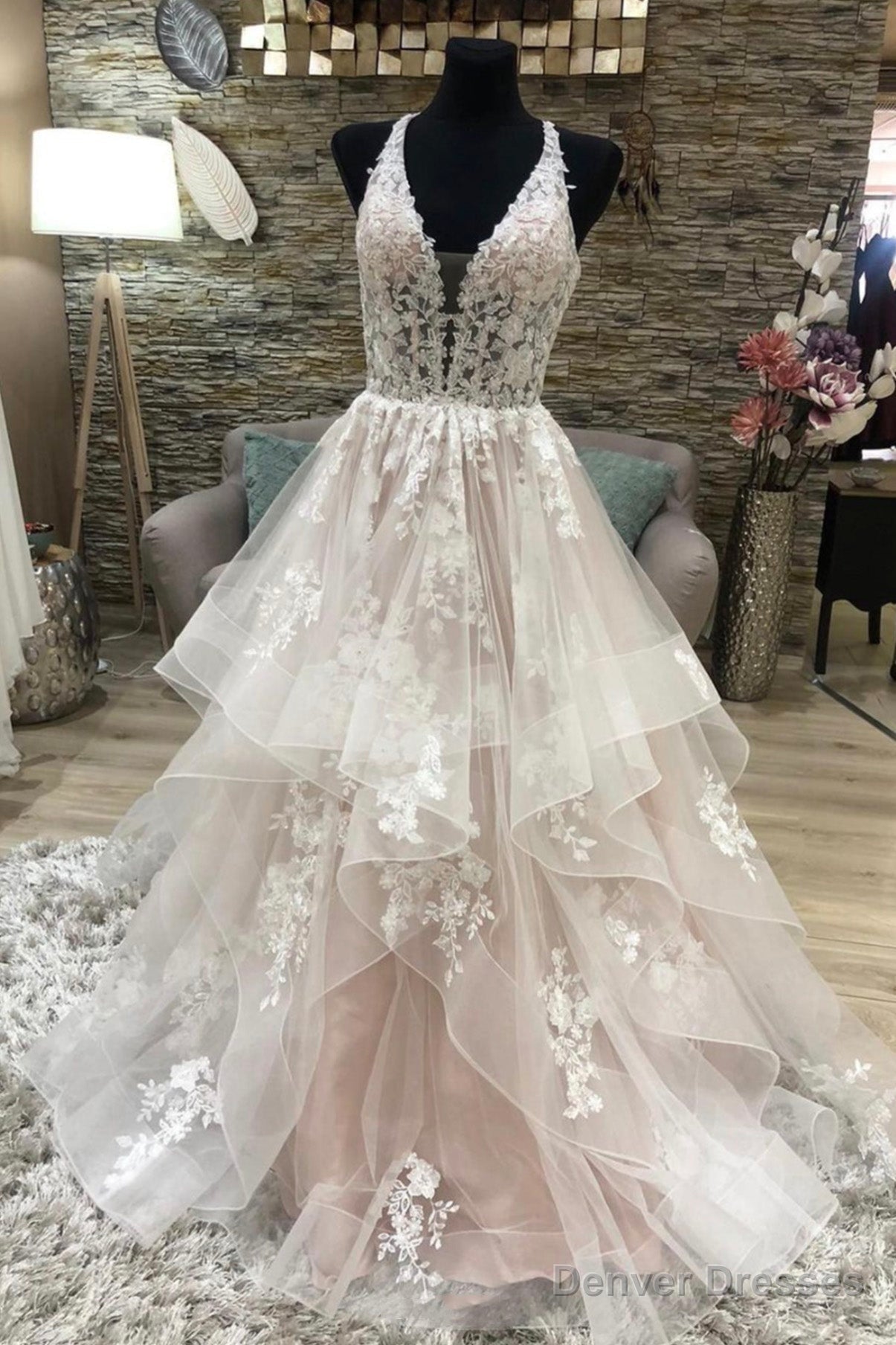 A-Line Lace Long Prom Dresses, V-Neck Formal Evening Dresses Main image