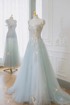 Blue Tulle Lace Long Prom Dress, A-Line Strapless Evening Dress