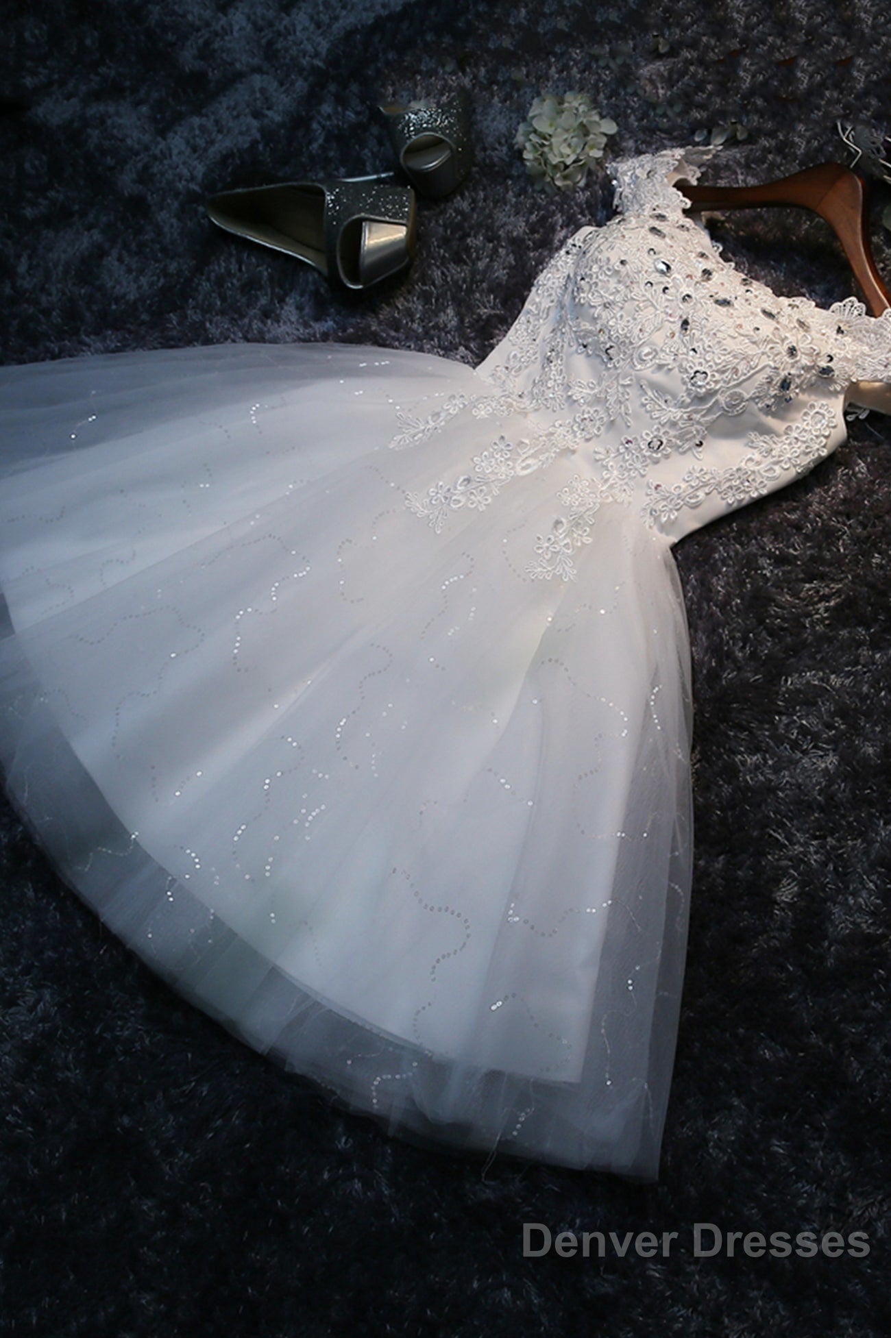 Cute Lace Short A-Line Prom Dresses, Off the Shoulder Party Dresses Main image
