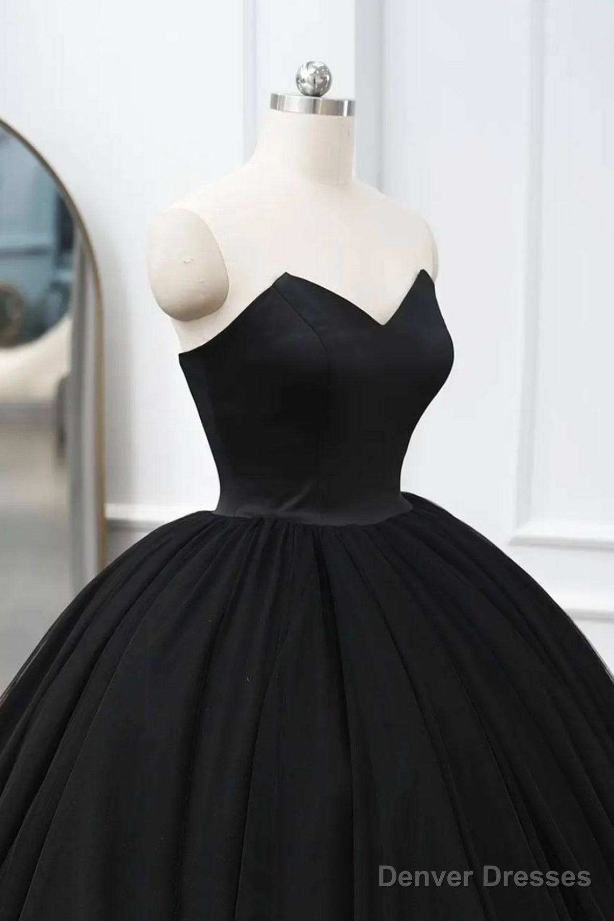 Black Tulle Long A-Line Prom Dresses, Black Strapless Long Evening Dresses Secondary image