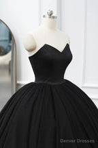Black Tulle Long A-Line Prom Dresses, Black Strapless Long Evening Dresses