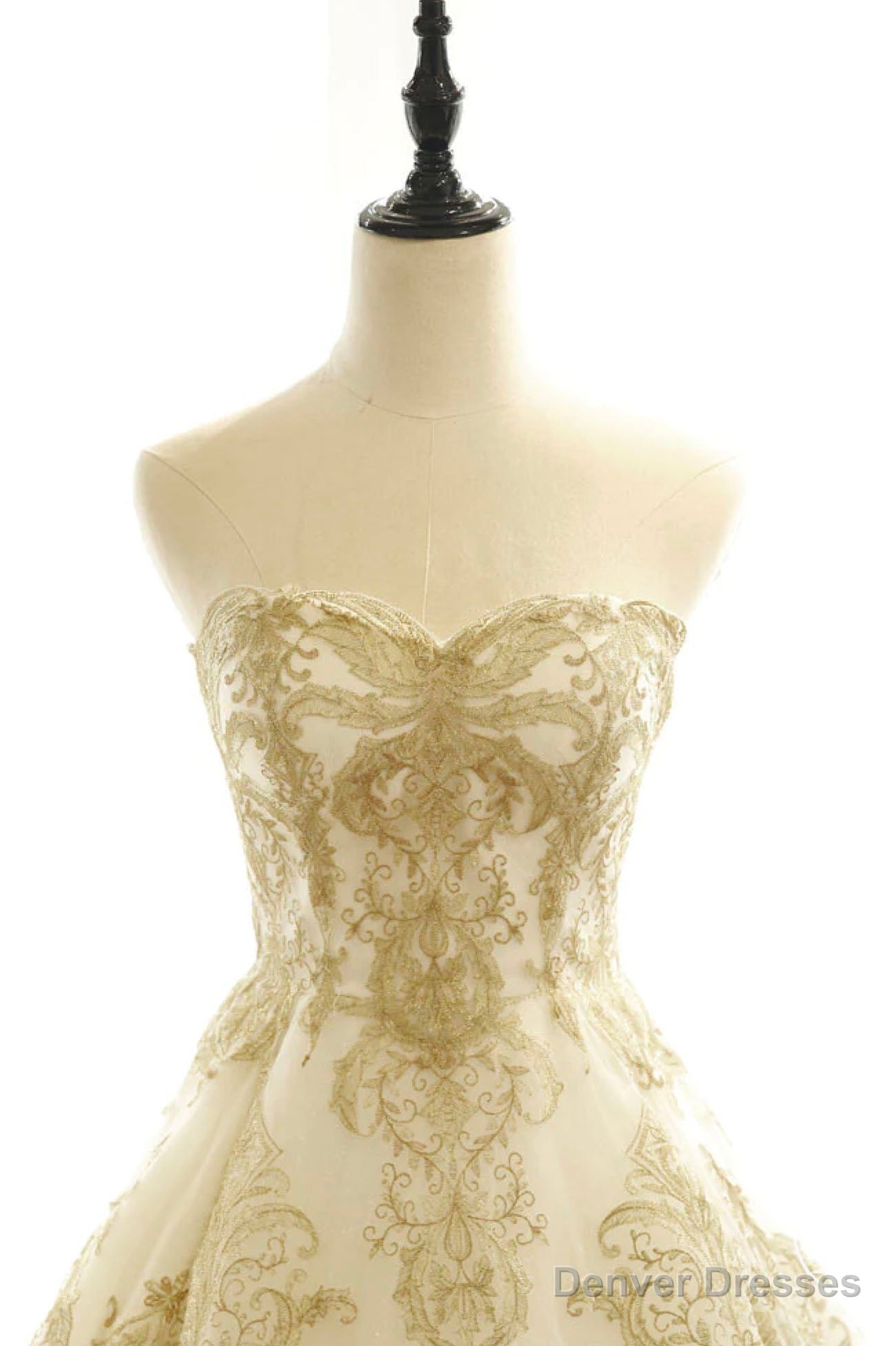 Long Champagne Strapless Tulle Lace Prom Dress, A-Line Evening Dress with Train