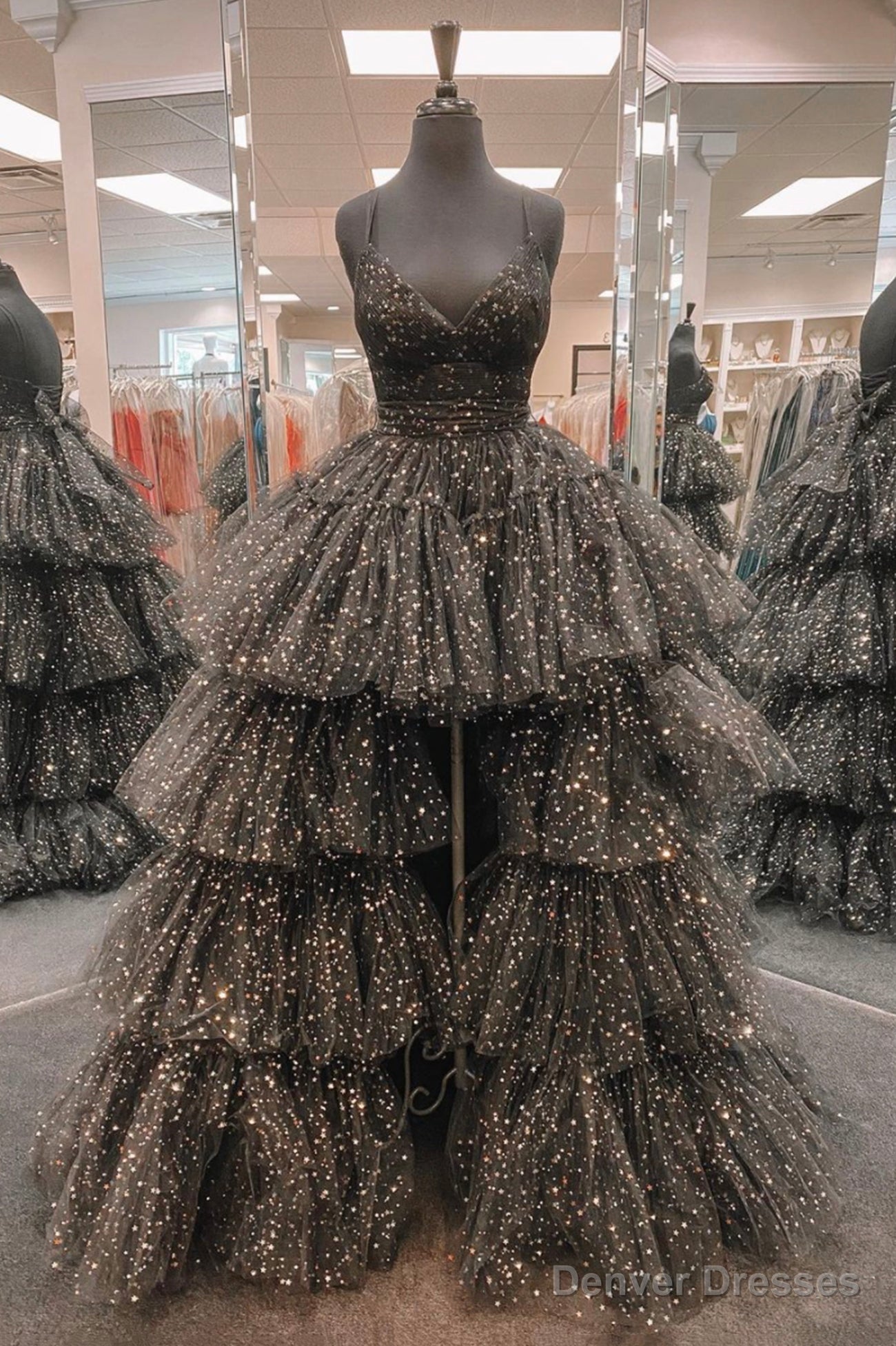 Black Tulle High Low Prom Dress, A-Line Spaghetti Straps Evening Dresses Main image