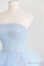 Blue Layers Tulle Long Prom Dresses, A-Line Strapless Evening Dresses