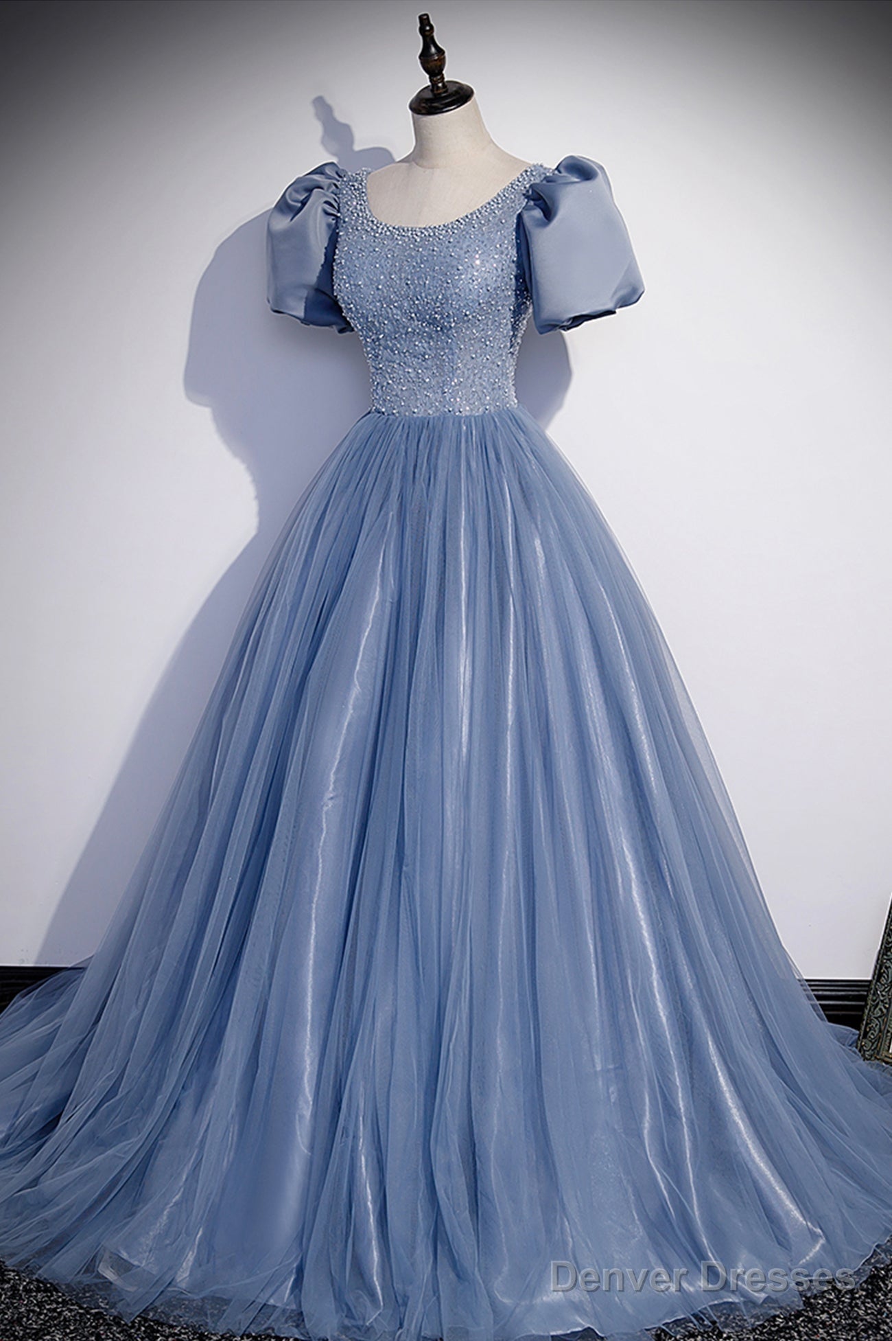 Blue Tulle Beading Long Prom Dresses, A-Line Short Sleeve Evening Dresses Secondary image