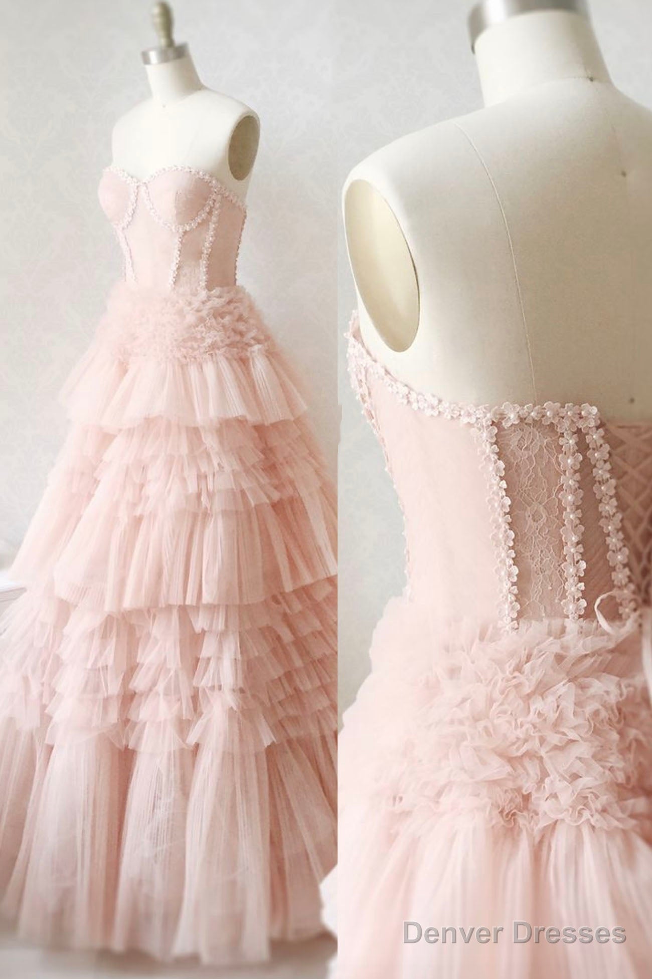 Pink Tulle Lace Long Prom Dresses, A-Line Strapless Evening Dresses Main image
