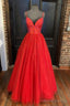 Red Tulle Beading Long Prom Dresses, A-Line Evening Party Dresses