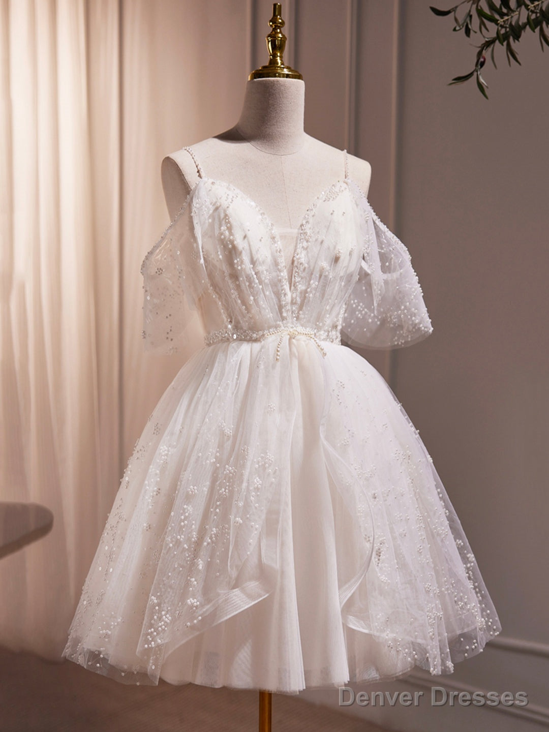 Ivory V-Neck Beaded Straps Party Dress, Ivory Knee Length Prom Dress Main image