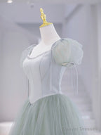 Green Tulle Floor Length Prom Dress, Green Short Sleeve Evening Party Dress