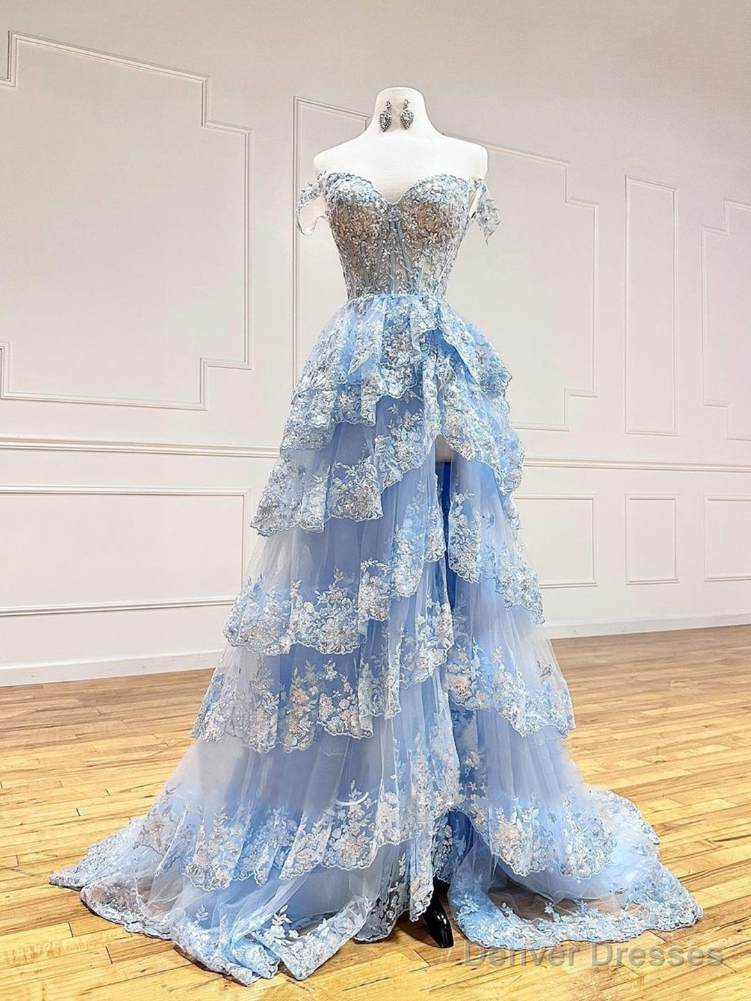 Blue Tulle Sequins Long Prom Dress, Beautiful Off Shoulder Evening Dress Main image